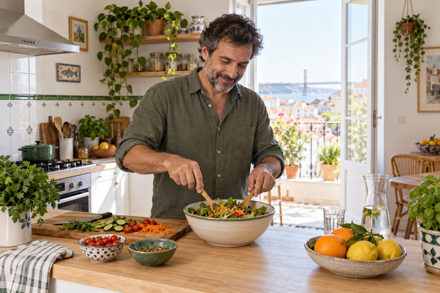 Um homem a preparar uma salada numa cozinha luminosa